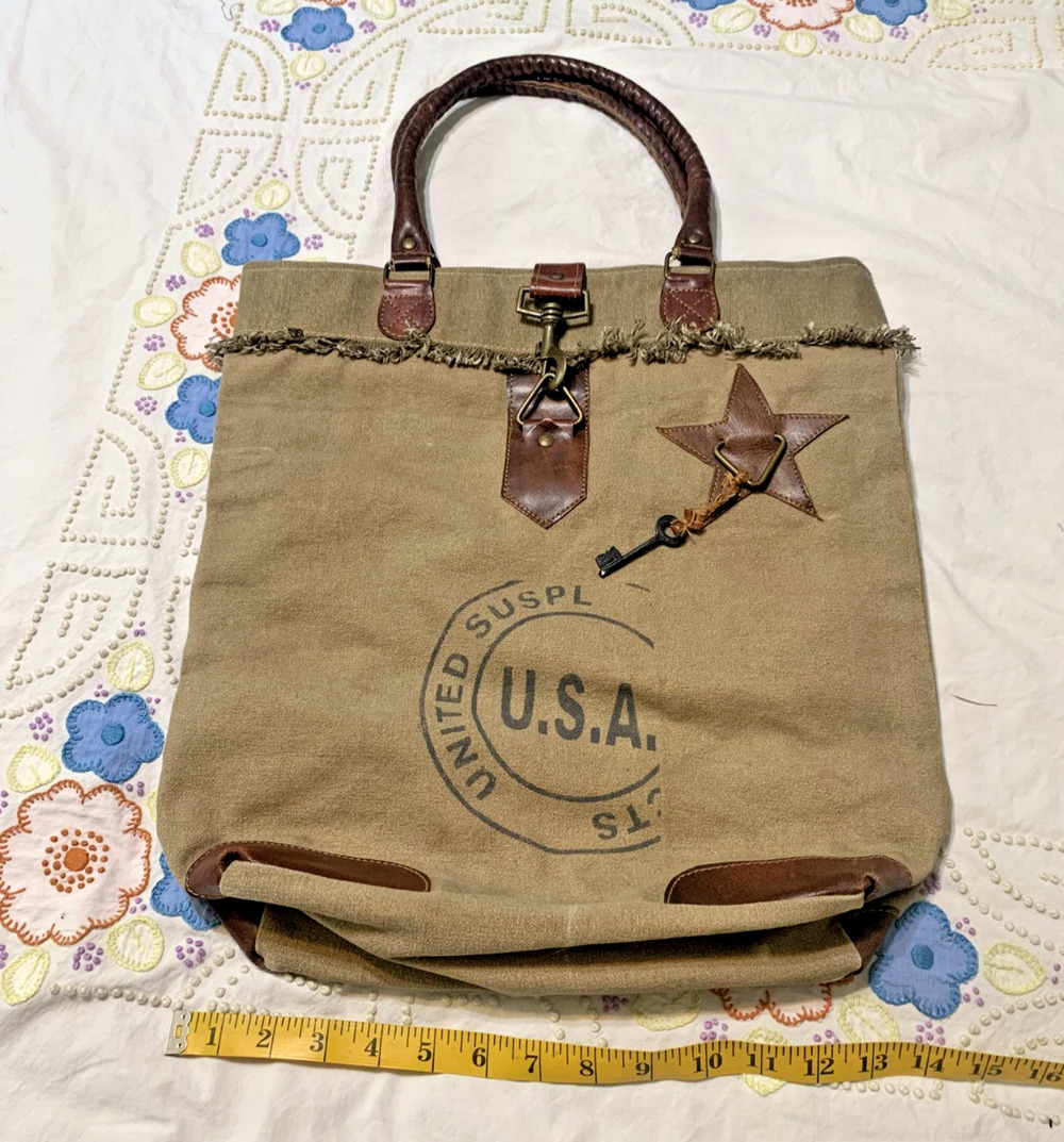 Mona B Tote Bag Cotton Canvas Leather Tan Brown Distressed Lined Recycled Fabric